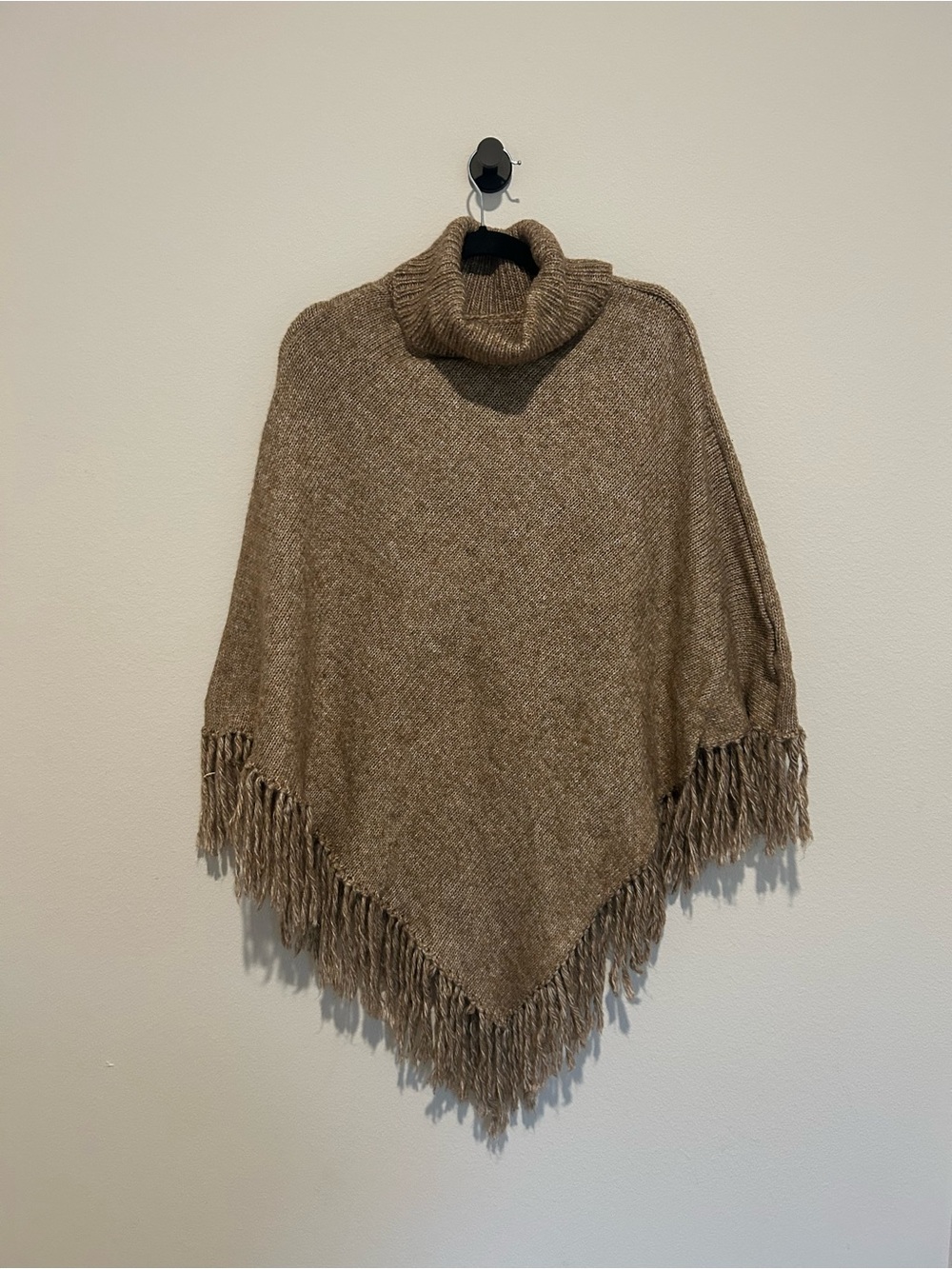 Turtleneck Fringe Poncho Sweater - Taupe